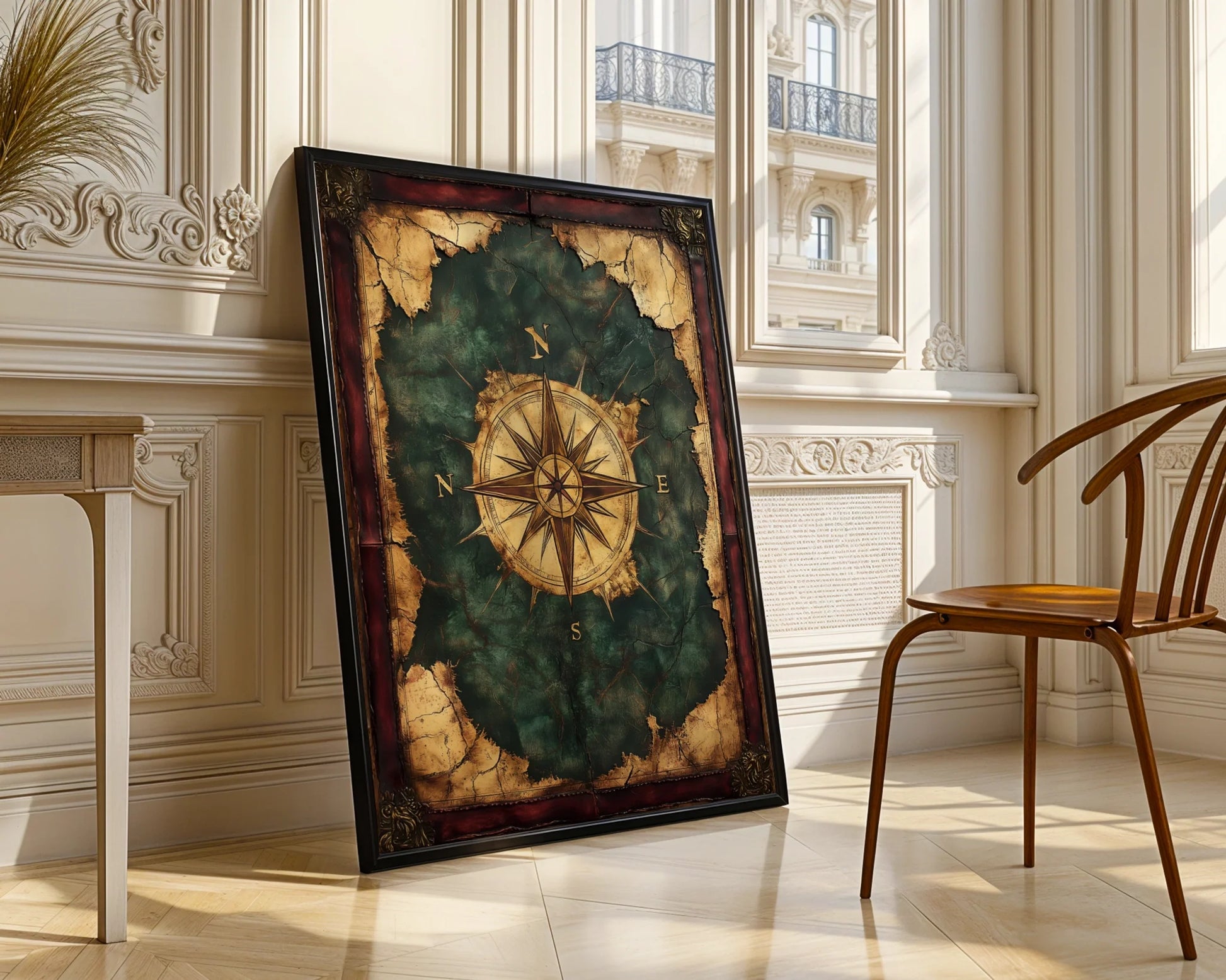 Nautical Compass Rose Emerald Seas Dark Academia Art in room