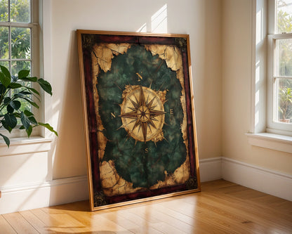 Nautical Compass Rose Emerald Seas Dark Academia Art in room