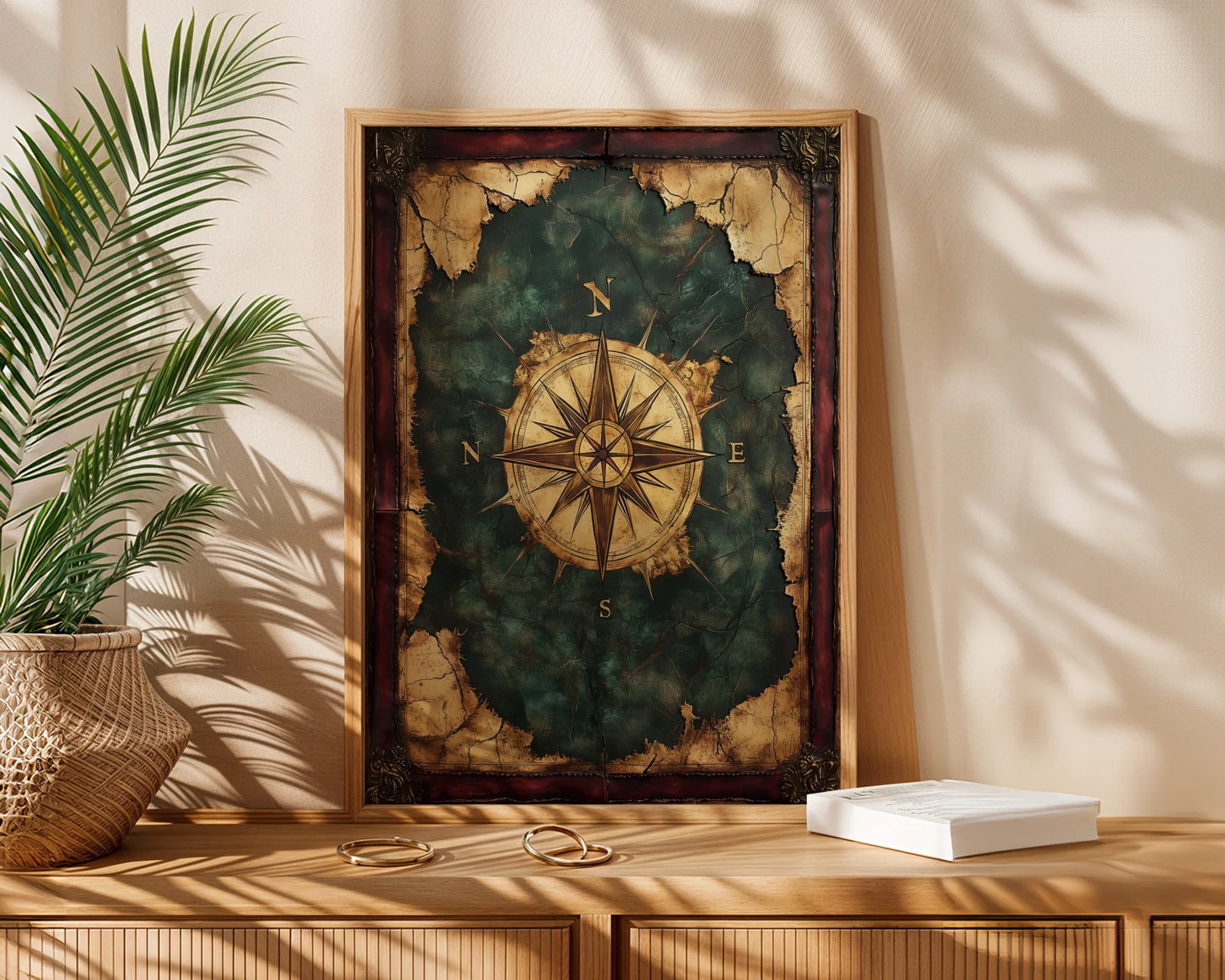 Nautical Compass Rose Emerald Seas Dark Academia Canvas Art — Contemplative library-style artwork showcases worn explorer's compass emerging from shadowy ocean depths