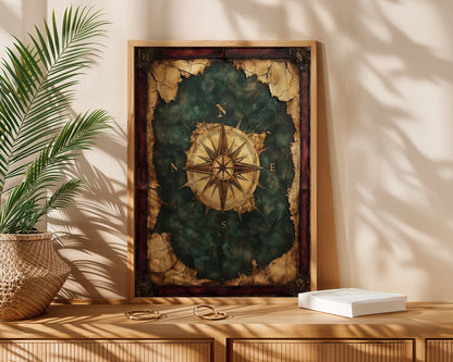 Nautical Compass Rose Emerald Seas Dark Academia Canvas Art — Contemplative library-style artwork showcases worn explorer's compass emerging from shadowy ocean depths