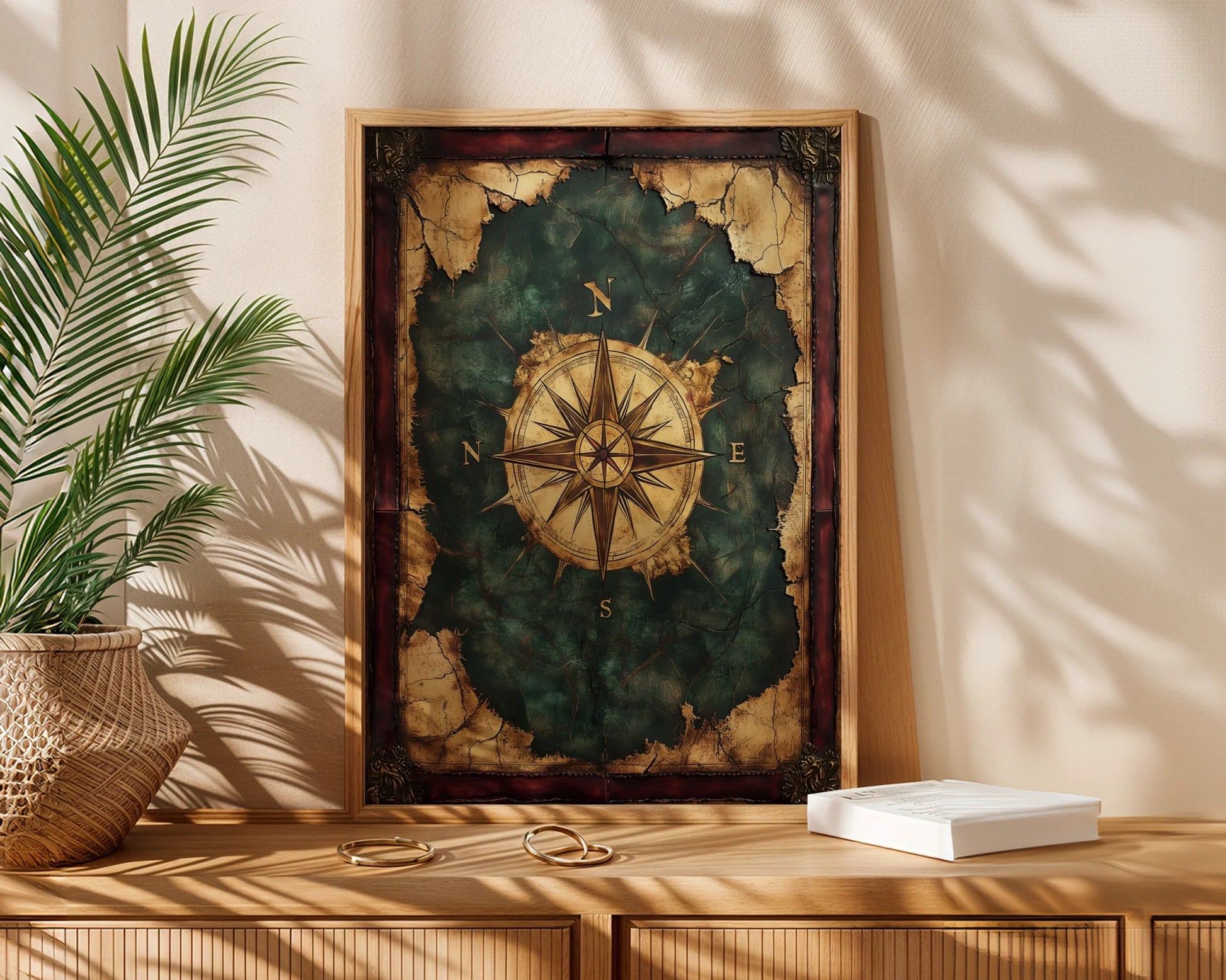 Nautical Compass Rose Emerald Seas Dark Academia Art in room