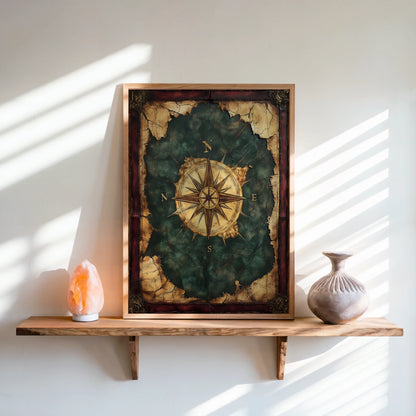 Nautical Compass Rose Emerald Seas Dark Academia Art in room