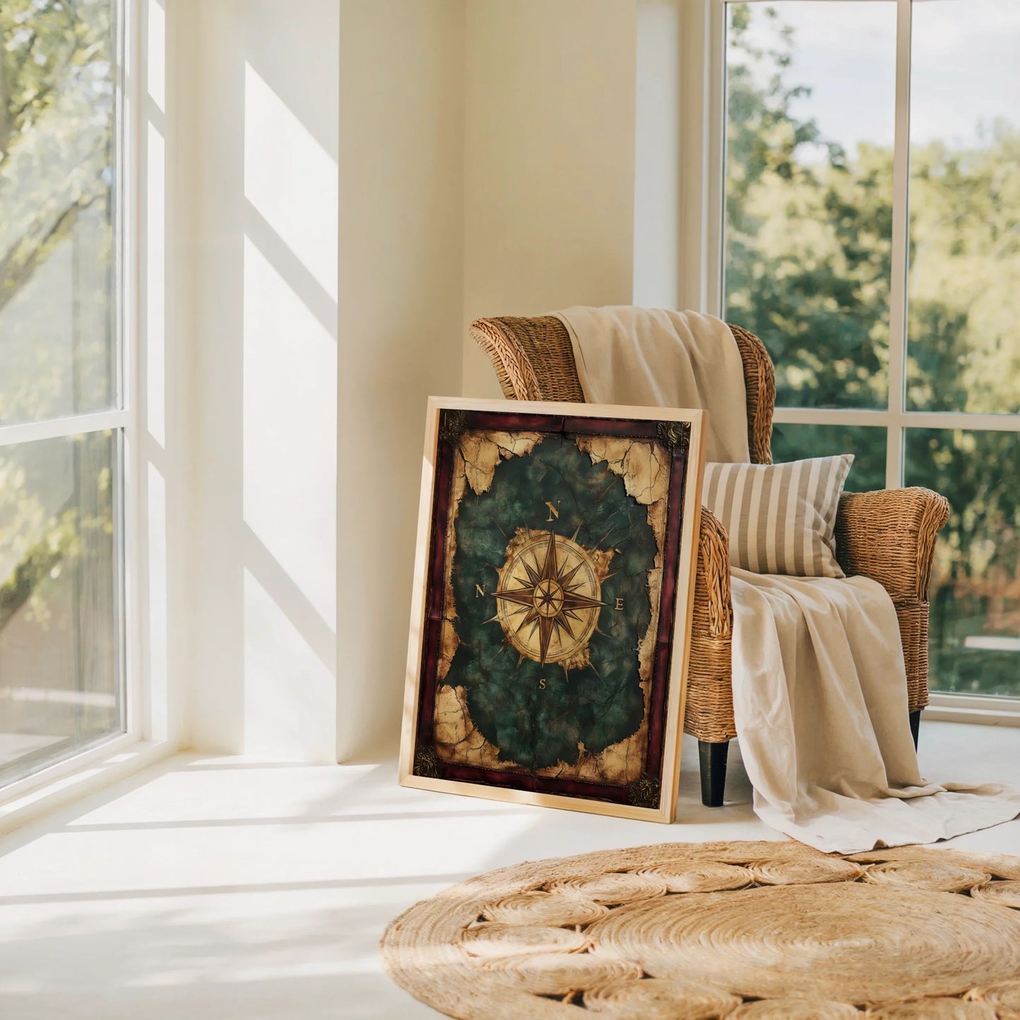 Nautical Compass Rose Emerald Seas Dark Academia Canvas Art — Rich forest green canvas displays golden bronze compass details with authentic leather-like surface texture