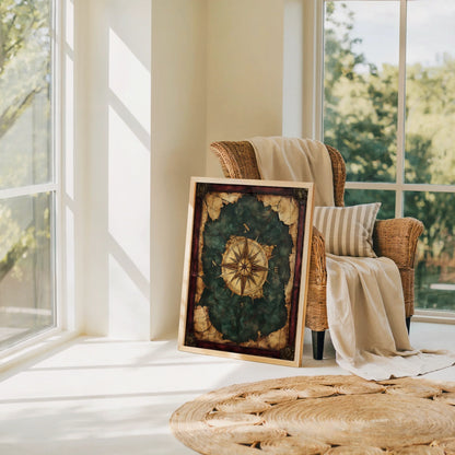 Nautical Compass Rose Emerald Seas Dark Academia Canvas Art — Rich forest green canvas displays golden bronze compass details with authentic leather-like surface texture