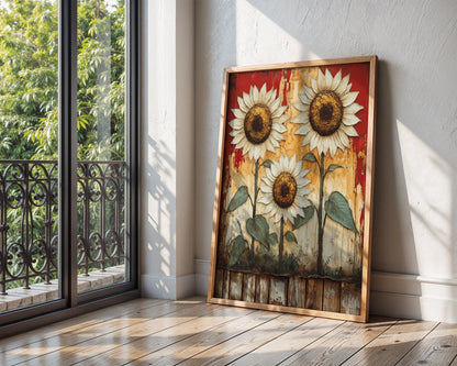 Rustic Sunflower Art Peeling Barn Wood in room