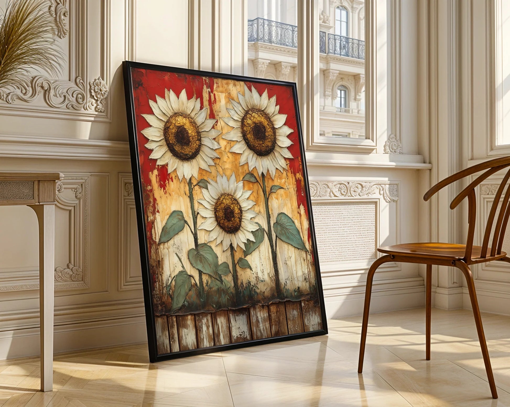 Rustic Sunflower Art Peeling Barn Wood in room