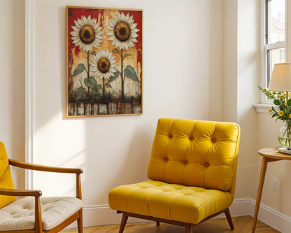 Rustic Sunflower Art Peeling Barn Wood Canvas Wall Art — Country wall art showcasing vintage sunflower design with cracked paint finish for traditional home styling