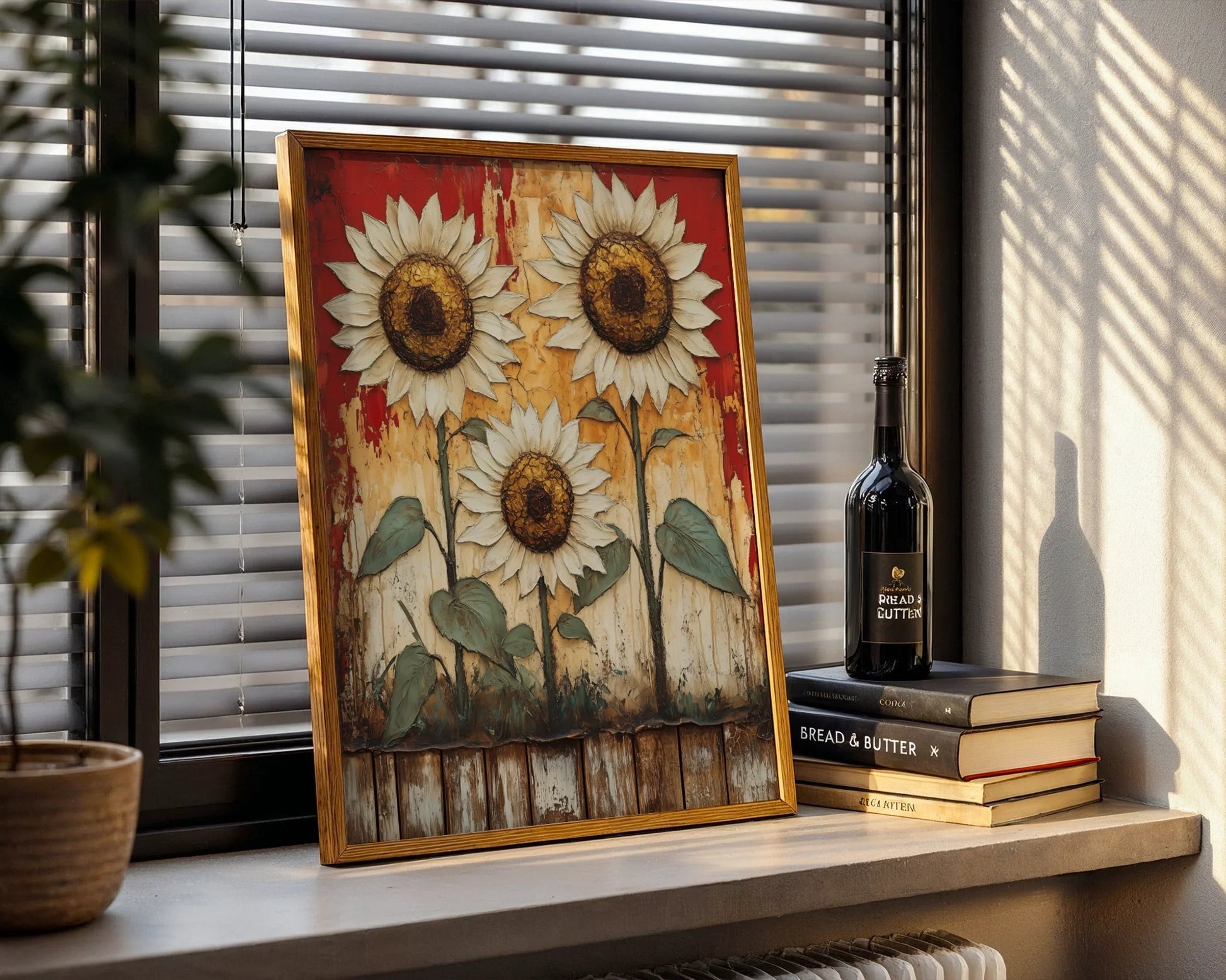 Rustic Sunflower Art Peeling Barn Wood in room