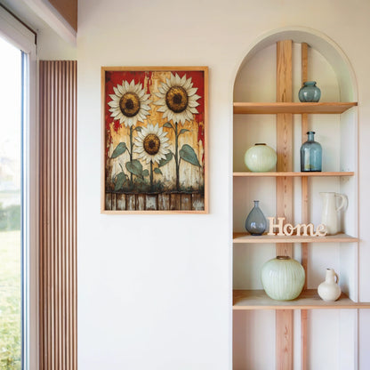 Rustic Sunflower Art Peeling Barn Wood Canvas Wall Art — Weathered barn wood canvas art featuring rustic sunflower trio for authentic farmhouse home decor