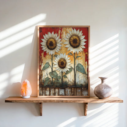 Rustic Sunflower Art Peeling Barn Wood Canvas Wall Art — Sunflower canvas print in burnt sienna and cream tones displayed in rustic farmhouse kitchen design