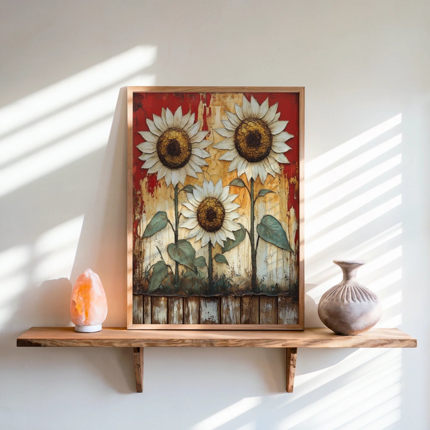 Rustic Sunflower Art Peeling Barn Wood in room