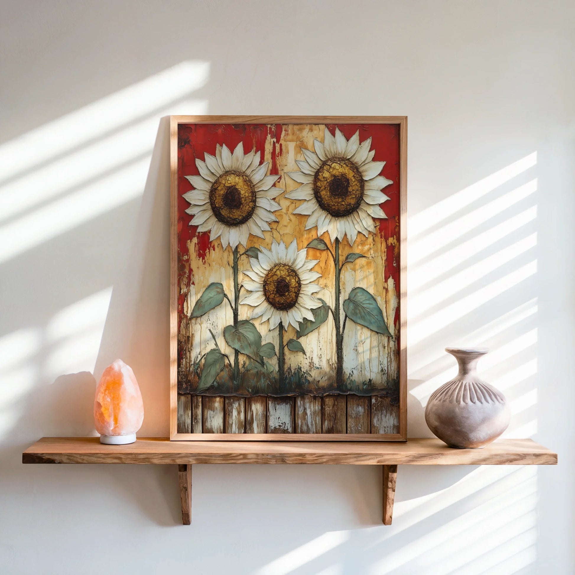 Rustic Sunflower Art Peeling Barn Wood in room