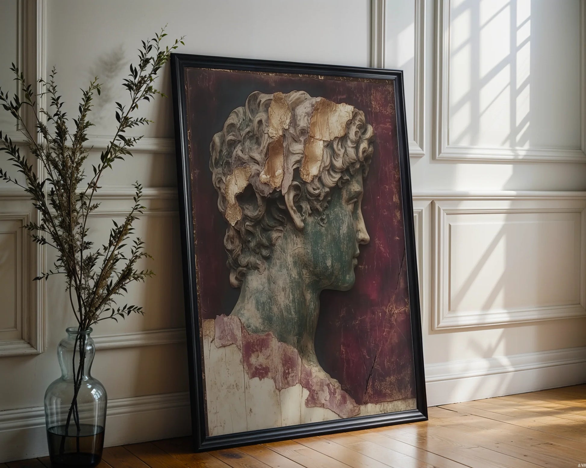 Roman Bust Gold Leaf Fresco Canvas Wall Art Dark Academia — Mysterious artwork showcasing carved marble head amid deteriorating wall textures for dramatic spaces