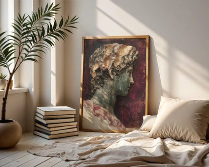 Roman Bust Gold Leaf Fresco Canvas Wall Art Dark Academia — Atmospheric canvas displaying antiquated stone portrait with rich patina finish for sophisticated homes