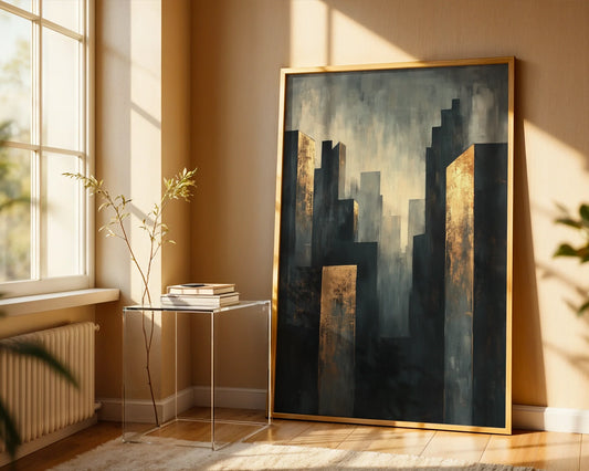 Copper Urban Skyline Industrial Haze Canvas Wall Art — Minimalist canvas showcasing towering structures in morning mist for contemporary home decor