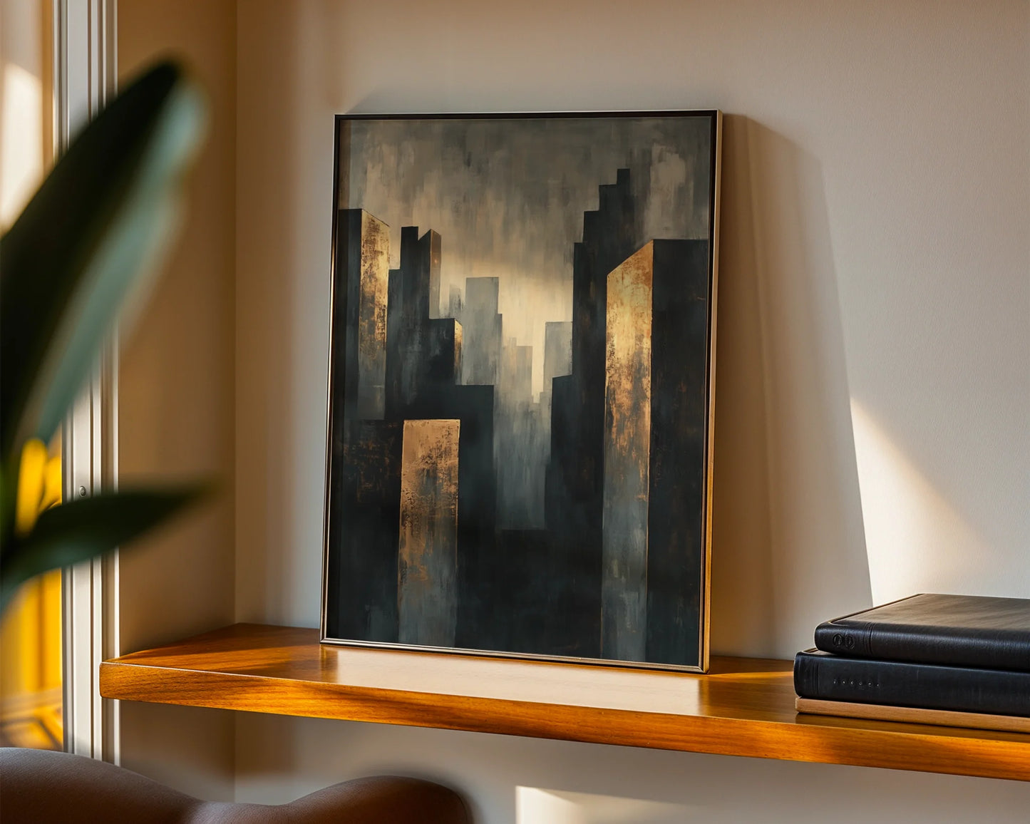 Copper Urban Skyline Industrial Haze Canvas Wall Art — Sleek wall piece showing downtown silhouettes bathed in early light for stylish room design