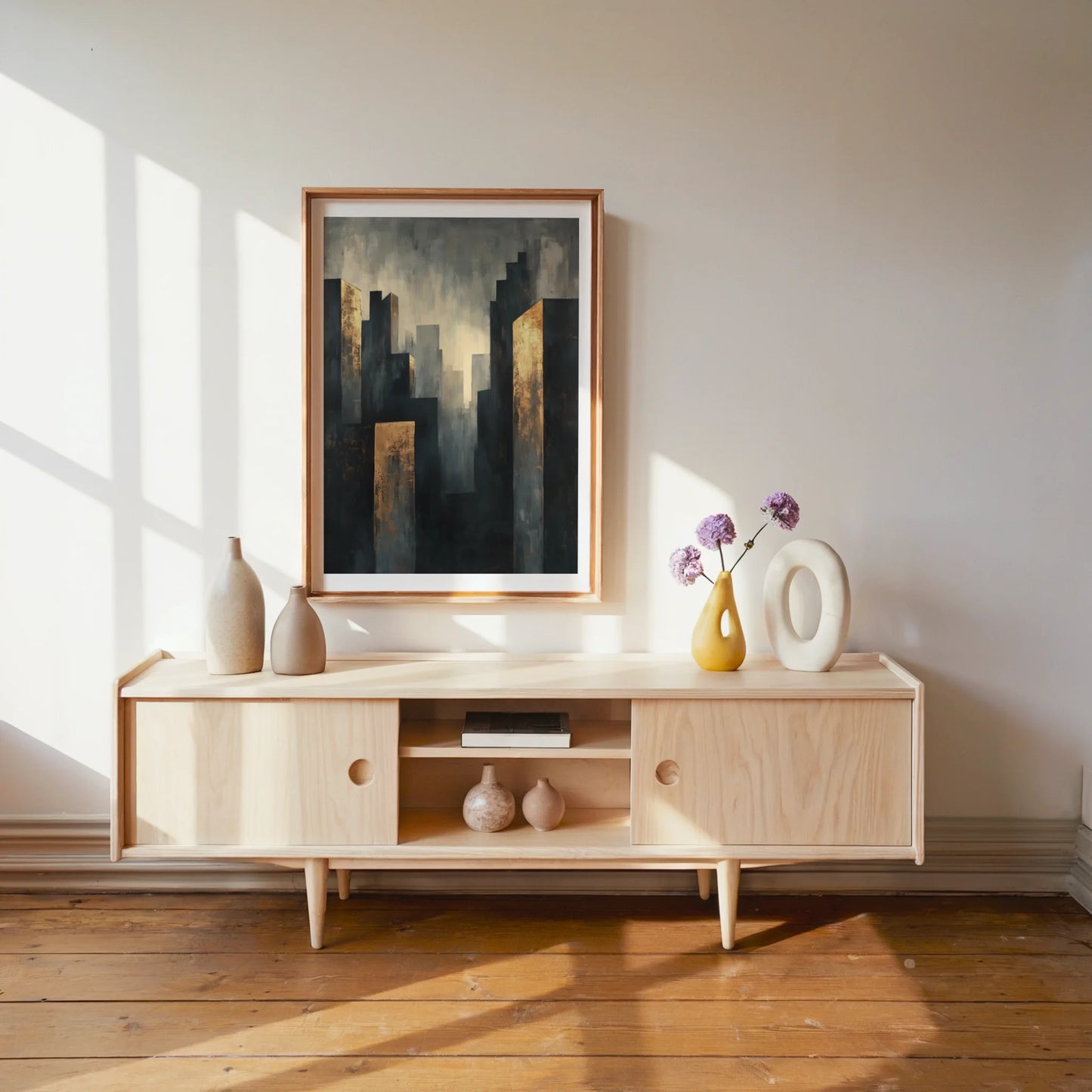 Copper Urban Skyline Industrial Haze Canvas Wall Art — Rich charcoal and warm copper tones create depth in this textured architectural wall art