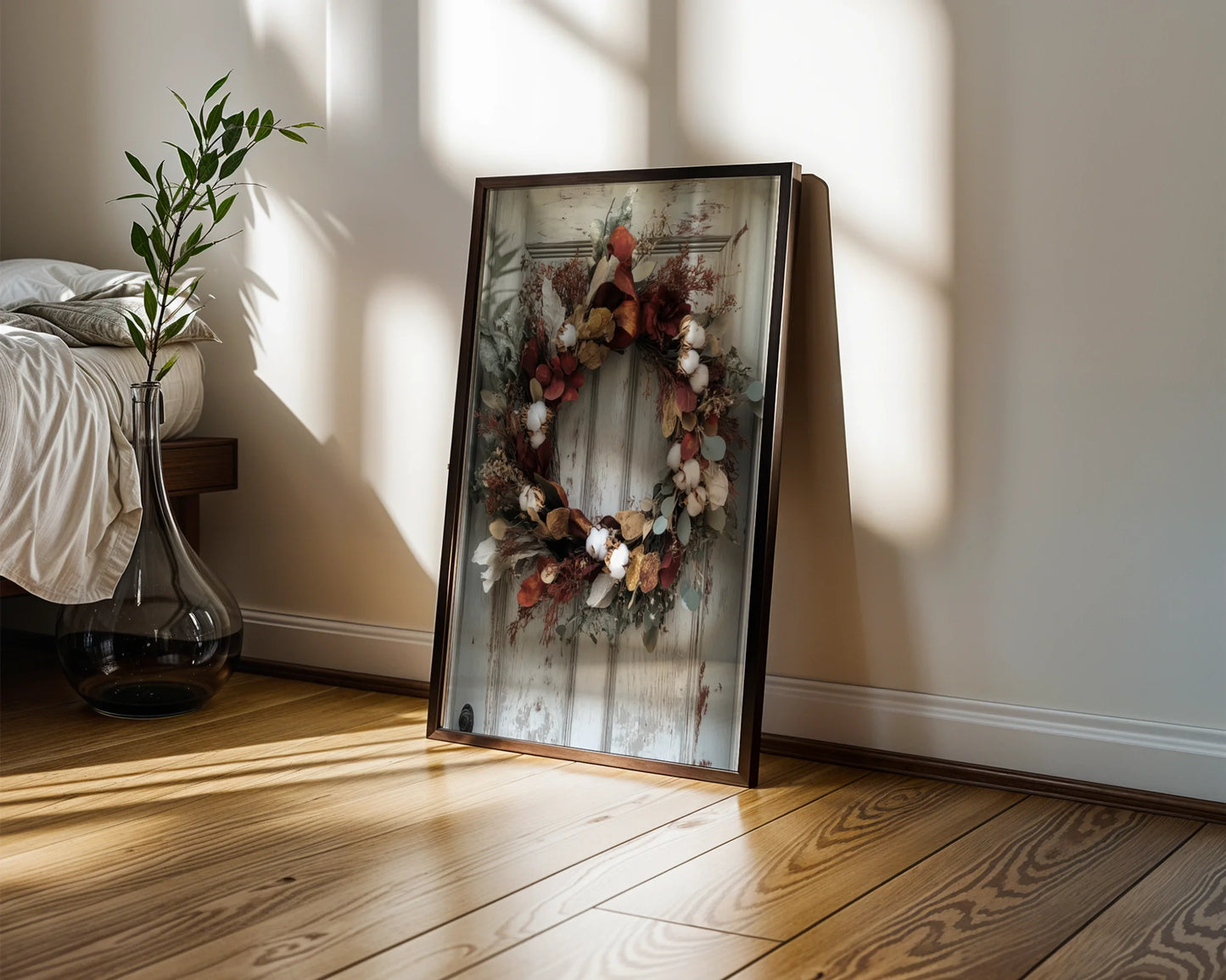 Rustic Autumn Wreath Cotton Bolls Magnolia Canvas Wall Art — Textured botanical artwork featuring autumn leaves and cotton plants for rustic interior styling