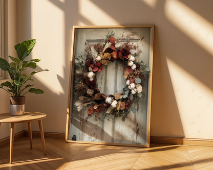 Rustic Autumn Wreath Cotton Bolls Magnolia Canvas Wall Art — Weathered wood backdrop showcases seasonal harvest elements for countryside home decoration