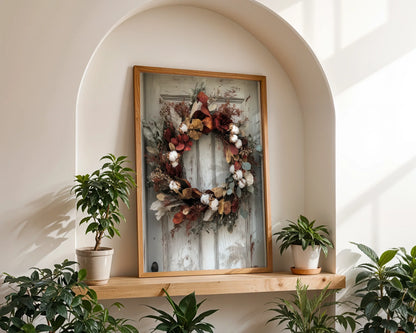 Rustic Autumn Wreath Cotton Bolls Magnolia Canvas Wall Art — Vintage-inspired canvas print featuring deep red magnolia and white cotton for traditional decor