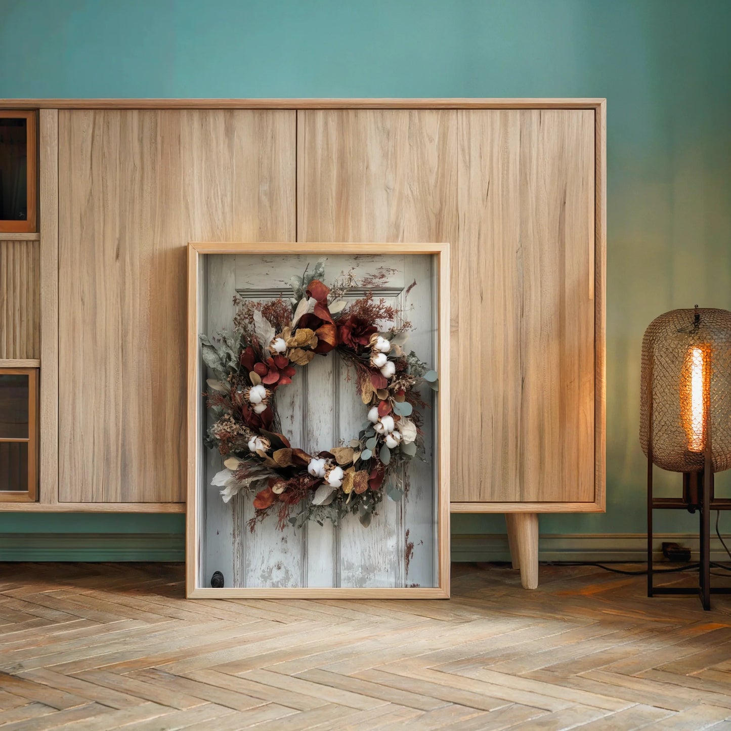 Rustic Autumn Wreath Cotton Bolls Magnolia Canvas Wall Art — Creamy white cotton bursts pop against dove gray weathered planks in textured canvas artwork