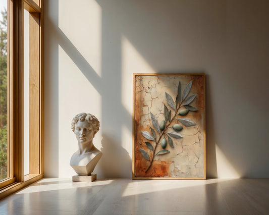 Mediterranean Olive Branch Metallic Fresco Canvas Wall Art — Free-spirited canvas showcasing timeless olive branches for boho home styling with organic charm