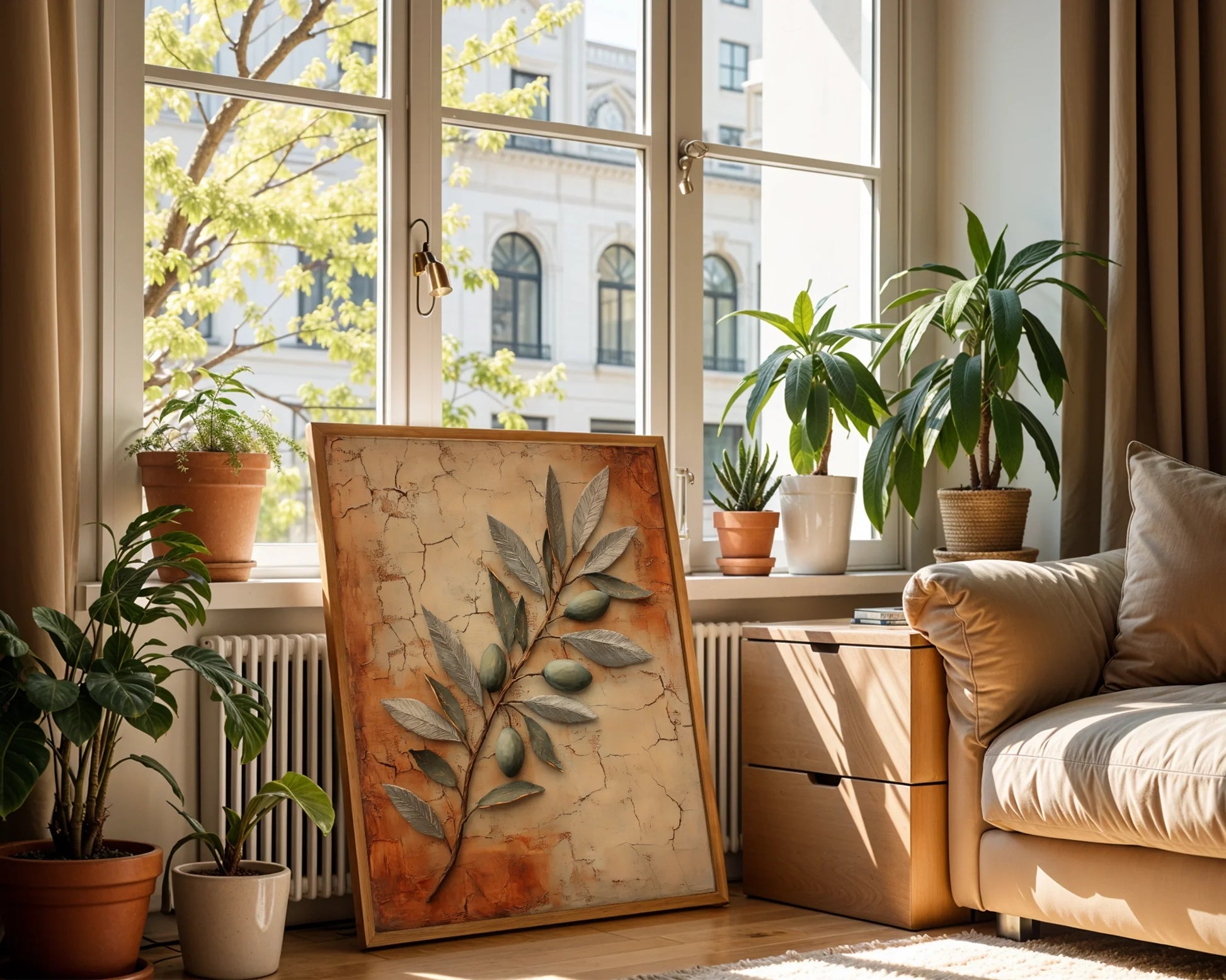 Mediterranean Olive Branch Metallic Fresco in room