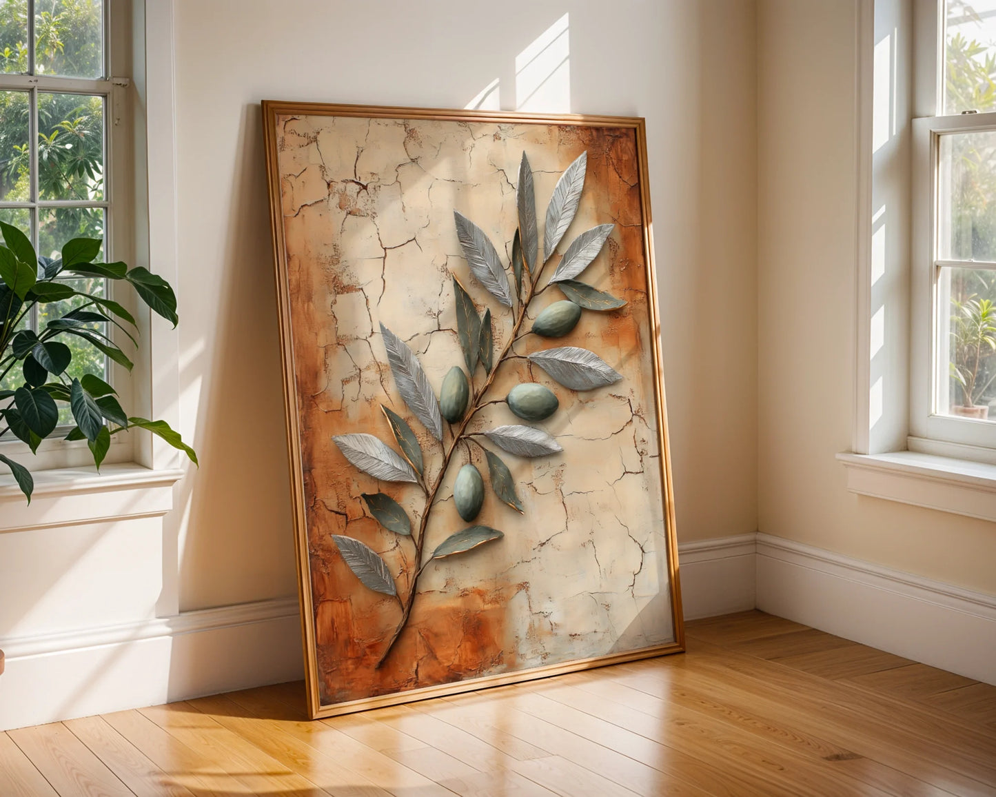 Mediterranean Olive Branch Metallic Fresco in room