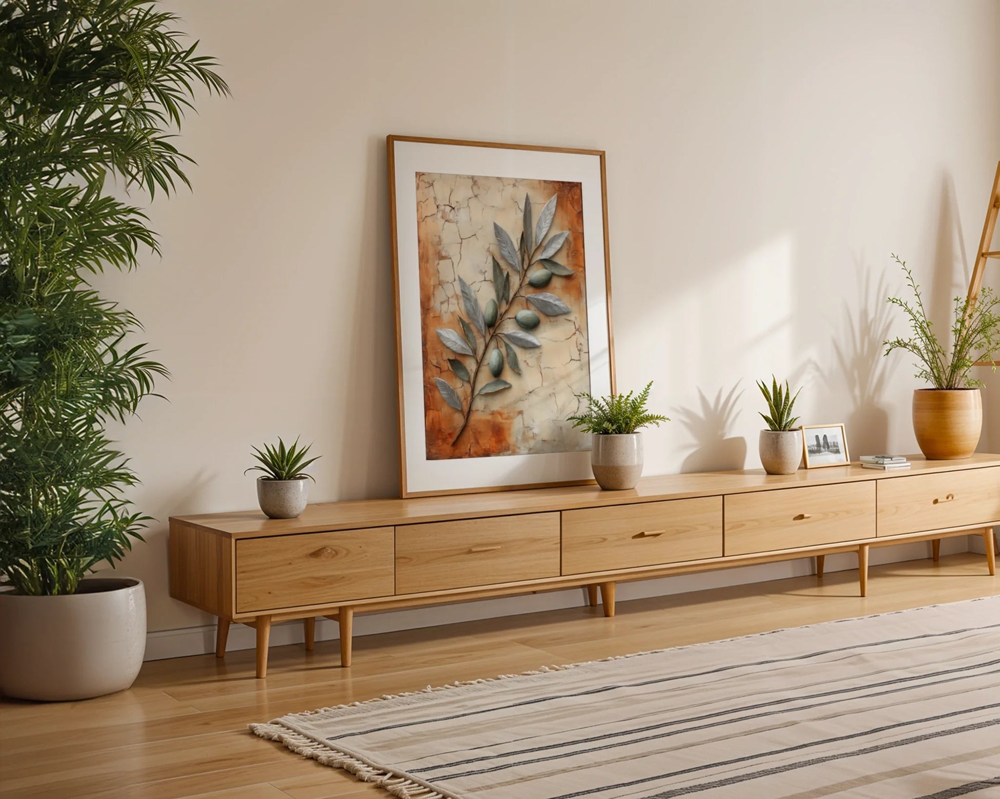 Mediterranean Olive Branch Metallic Fresco Canvas Wall Art — Farmhouse-inspired print revealing crumbling wall textures for cottage-style interior design