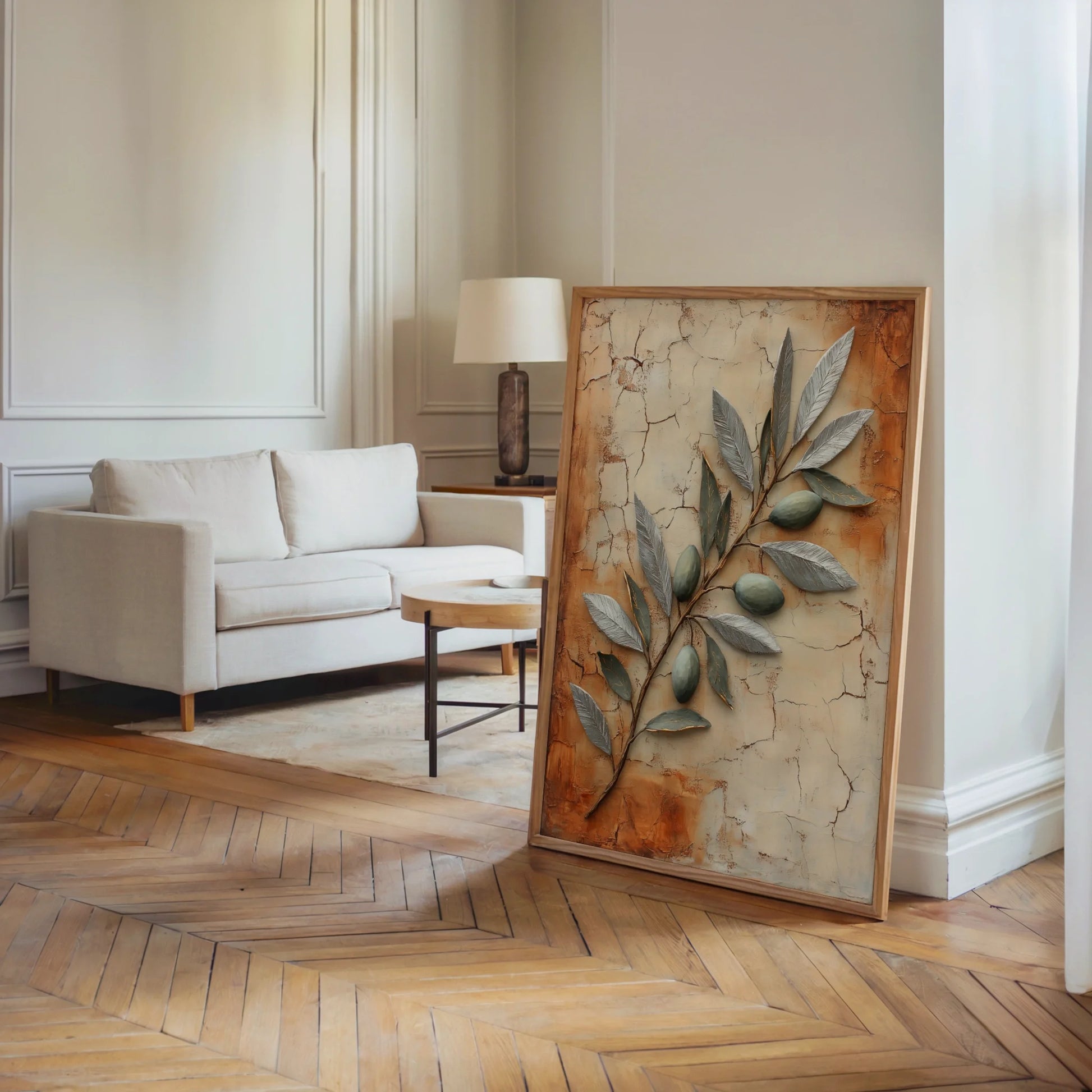 Mediterranean Olive Branch Metallic Fresco Canvas Wall Art — Coastal canvas highlighting textured greenery with Mediterranean vibes for relaxed home styling