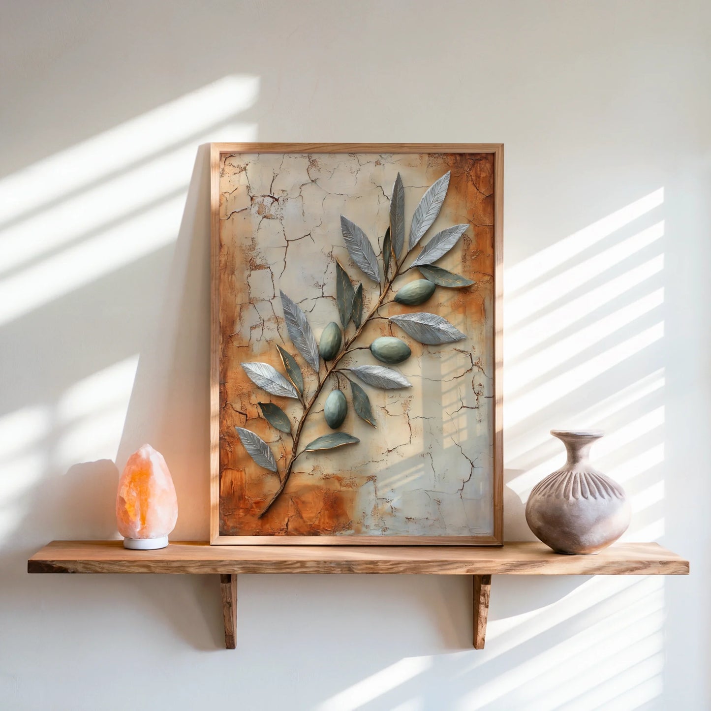 Mediterranean Olive Branch Metallic Fresco Canvas Wall Art — Warm sienna tones blend with cool silver accents on textured canvas for neutral home palettes