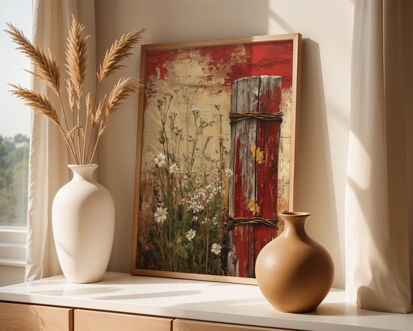 Rustic Farmhouse Fence Post Wildflowers Canvas Wall Art — Pastoral canvas depicting old farm barrier entwined with rope amid field flowers for vintage home decor