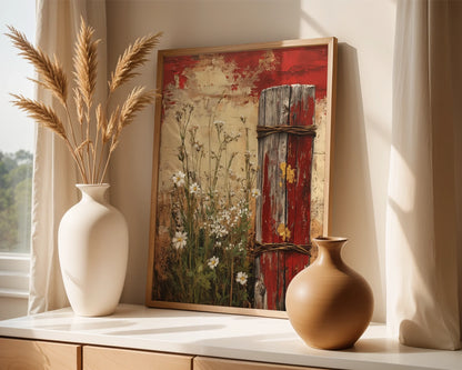 Rustic Farmhouse Fence Post Wildflowers Canvas Wall Art — Pastoral canvas depicting old farm barrier entwined with rope amid field flowers for vintage home decor