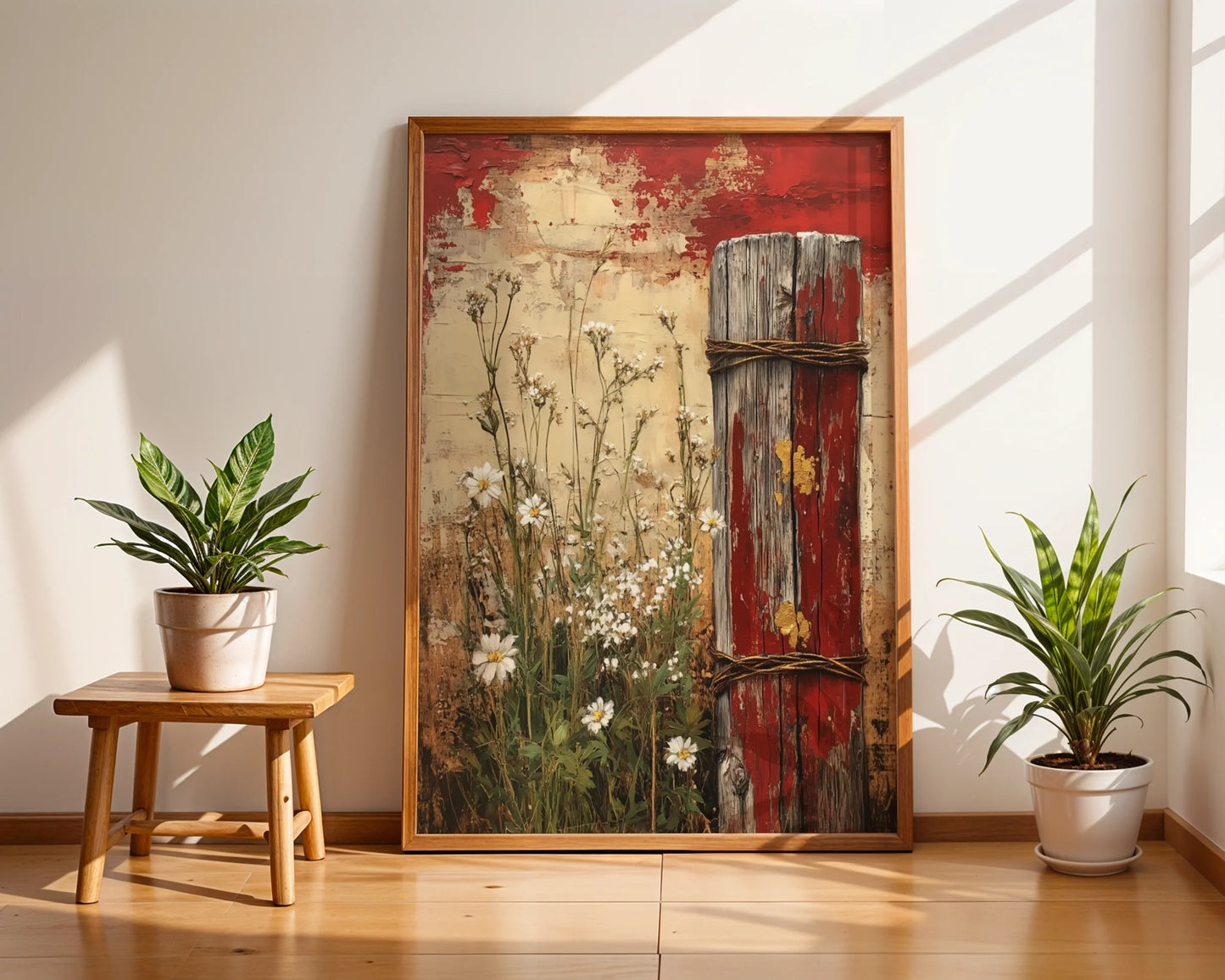 Rustic Farmhouse Fence Post Wildflowers Canvas Wall Art — French country print showcasing time-worn lumber bound with hemp beside delicate white blossoms