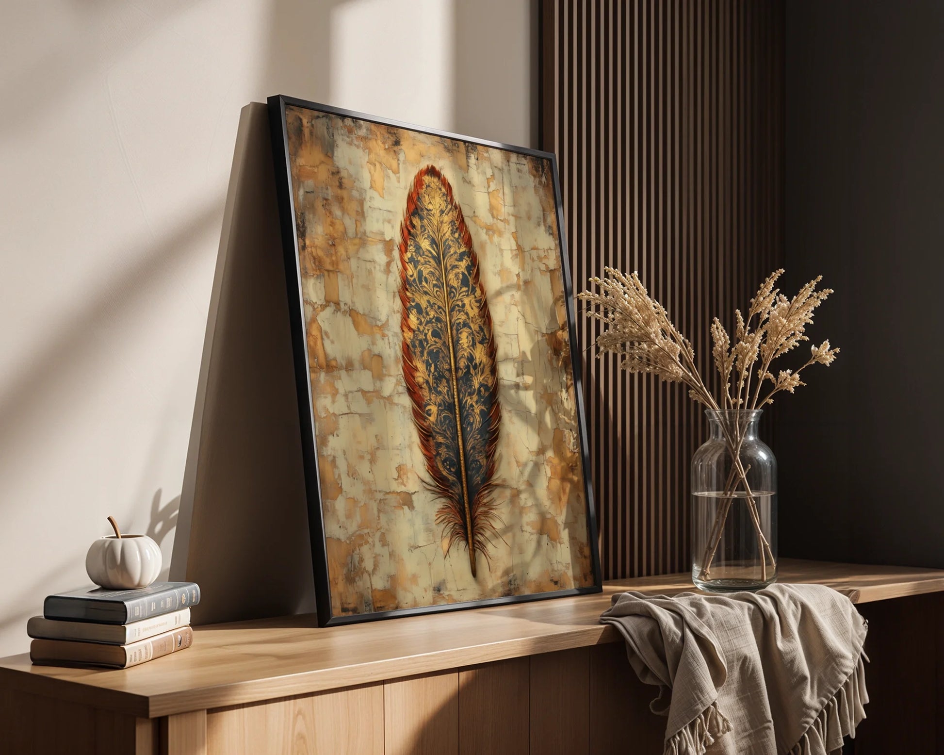Ornate Feather Art Phoenix Baroque Gold in room