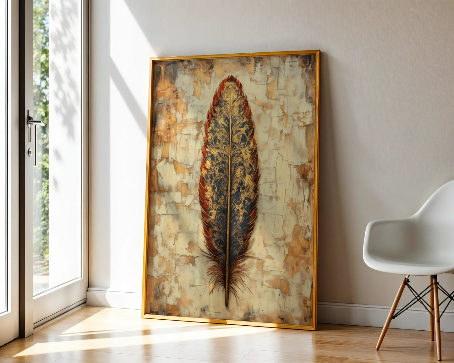 Ornate Feather Art Phoenix Baroque Gold in room