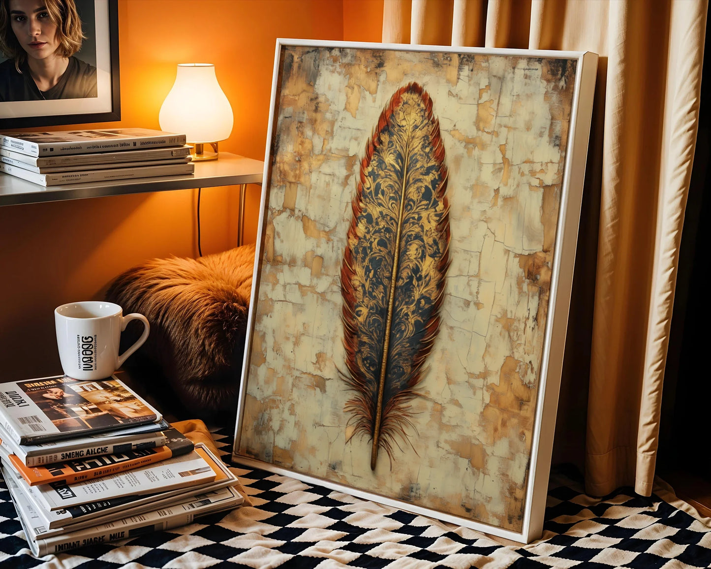 Ornate Feather Art Phoenix Baroque Gold in room
