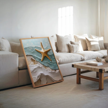 Coastal Starfish Textured Ocean Waves Impasto Canvas Wall Art — Three-dimensional seaside canvas with sculptural paint layers in bright home interior