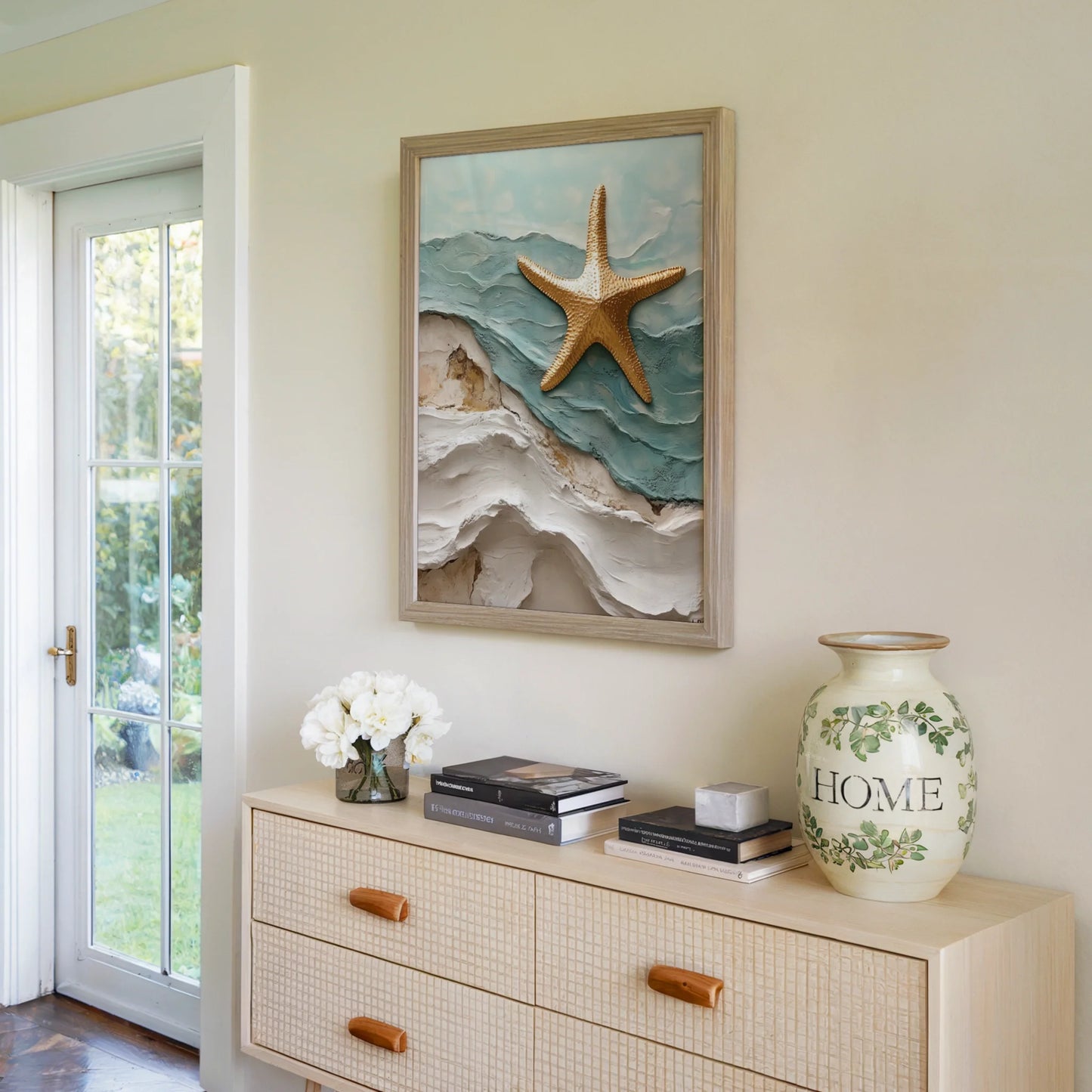 Coastal Starfish Textured Ocean Waves Impasto Canvas Wall Art — Aqua mint and cream tones create depth in this heavily textured ocean canvas display