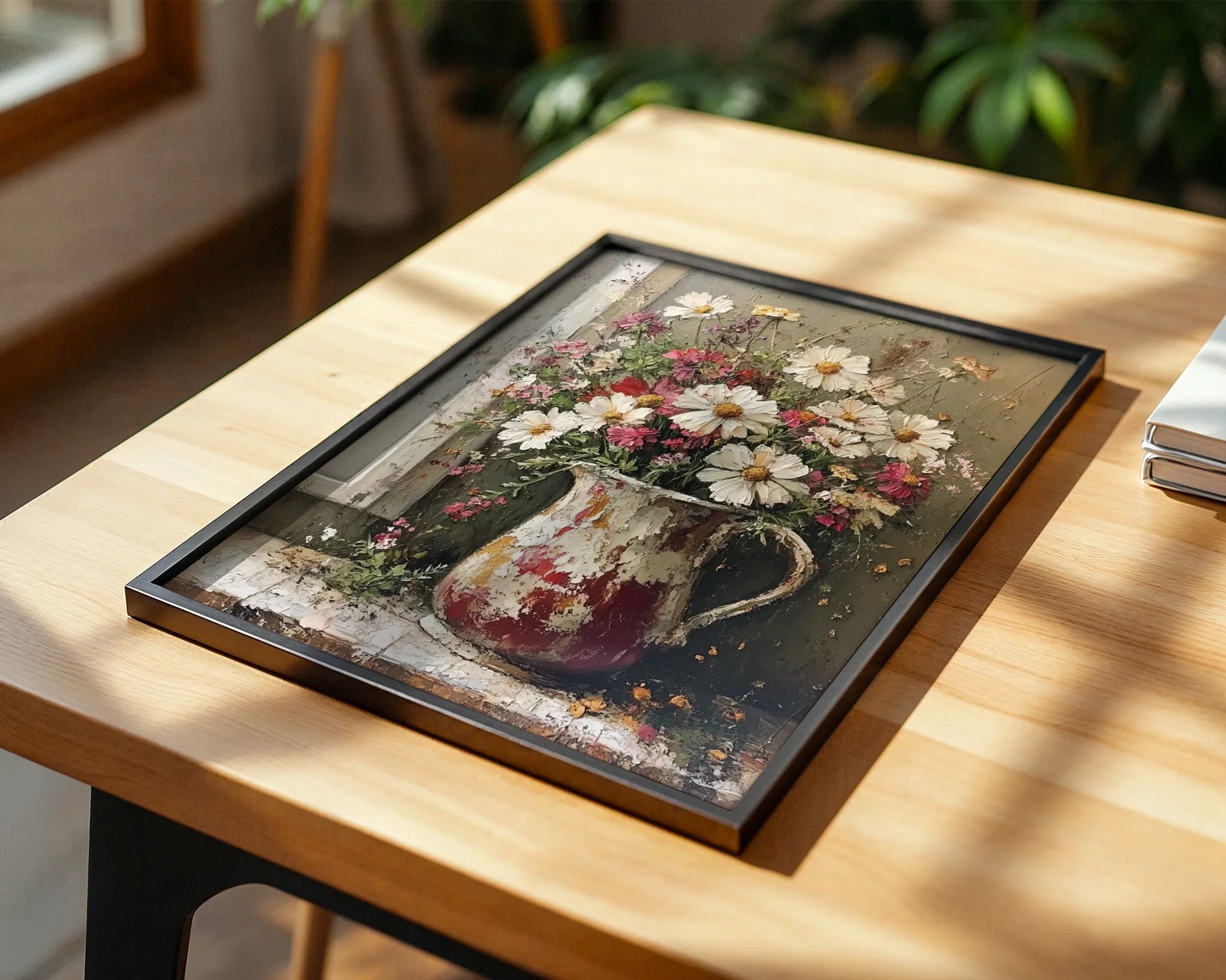 Farmhouse Floral Canvas Wall Art Cosmos Wildflowers Pitcher — Weathered metal jug overflowing with garden blossoms creates perfect rustic home accent piece