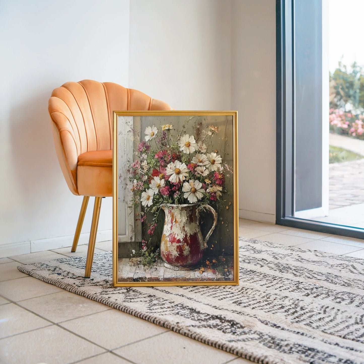 Farmhouse Floral Canvas Wall Art Cosmos Wildflowers Pitcher — Vintage-style floral arrangement captured in distressed enamelware perfect for cozy cottage interiors