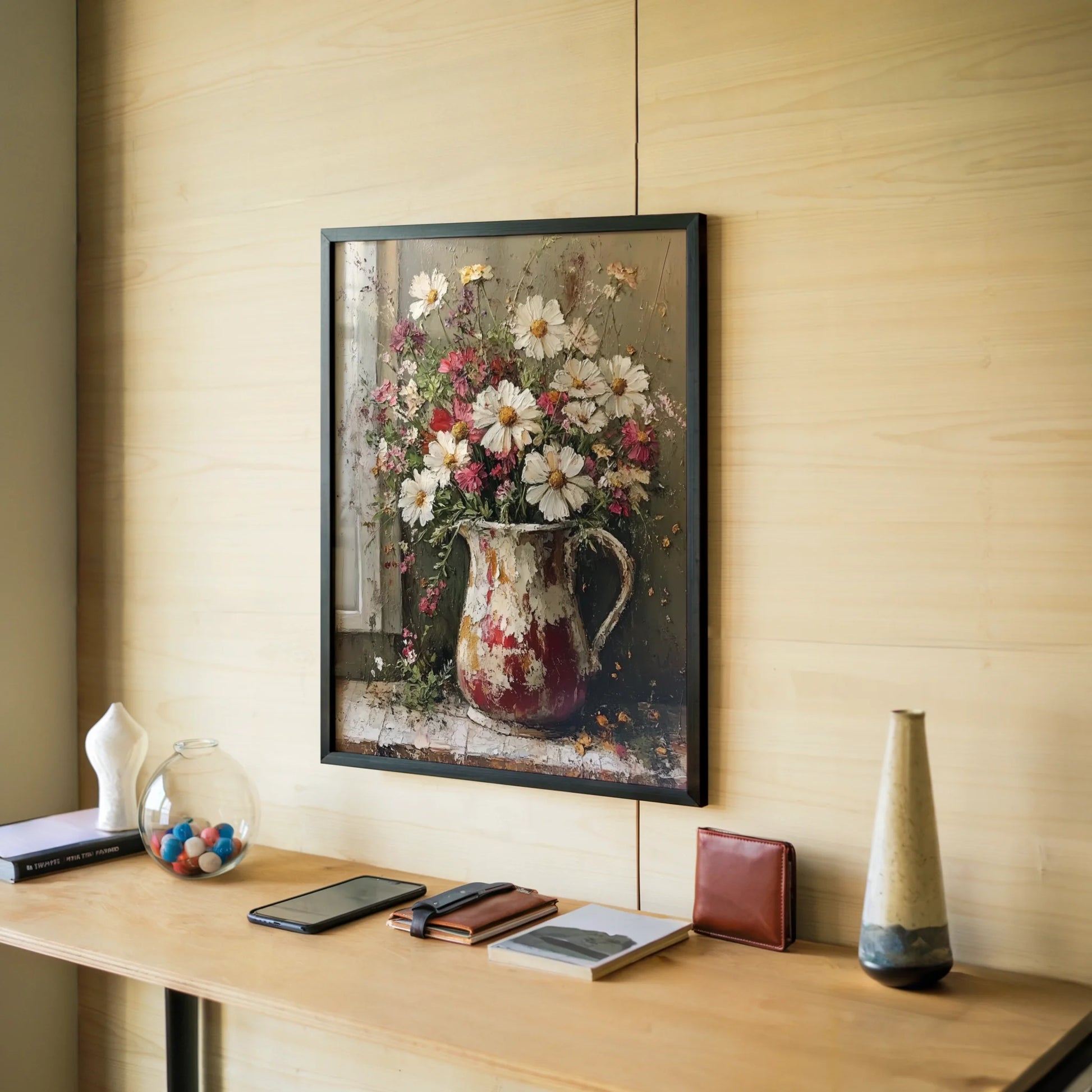 Farmhouse Floral Canvas Wall Art Cosmos Wildflowers Pitcher — Rich coral and cream botanical canvas with thick paint texture brings warmth to neutral color schemes