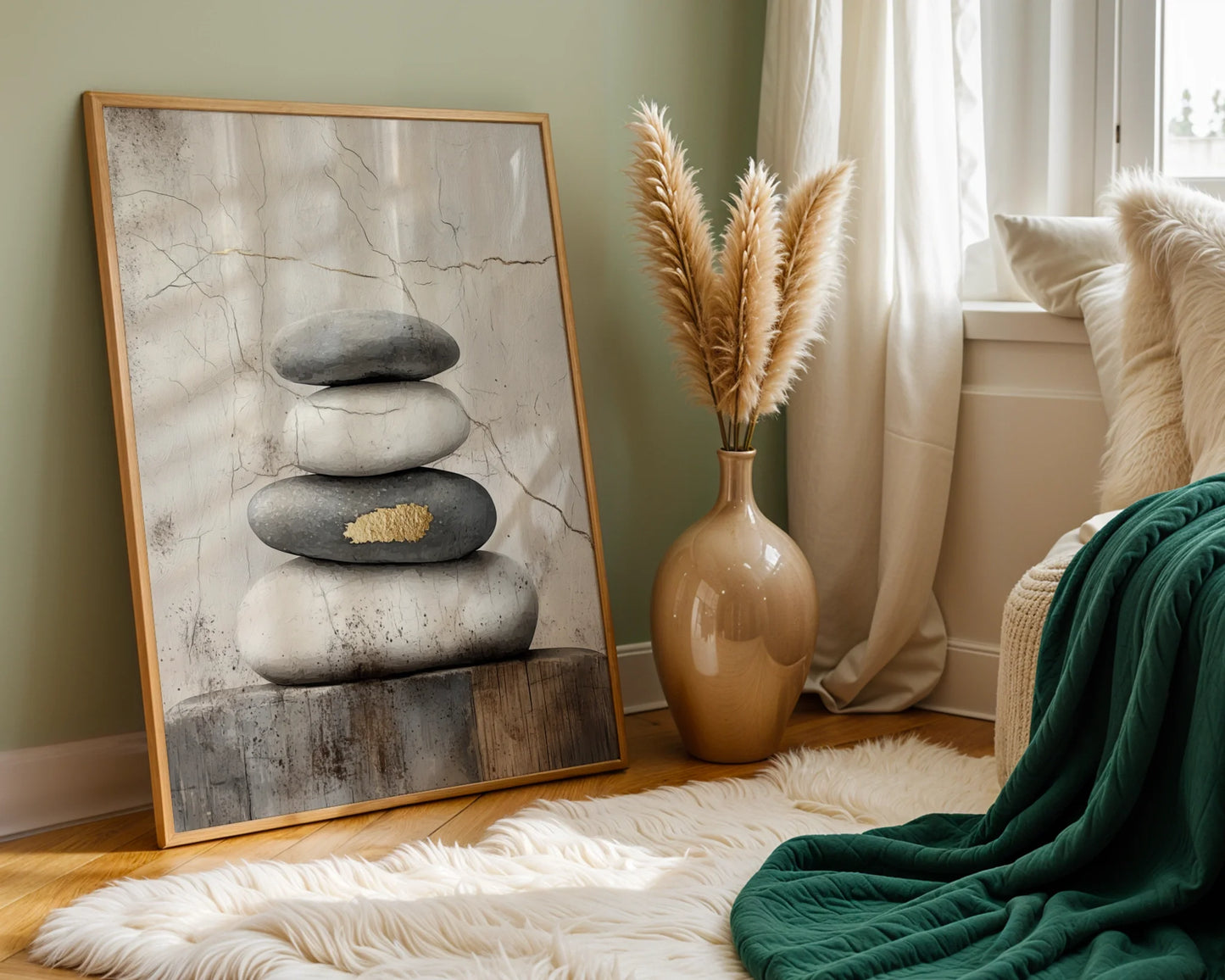 Zen Stone Stack Art Gold Accent Japandi in room