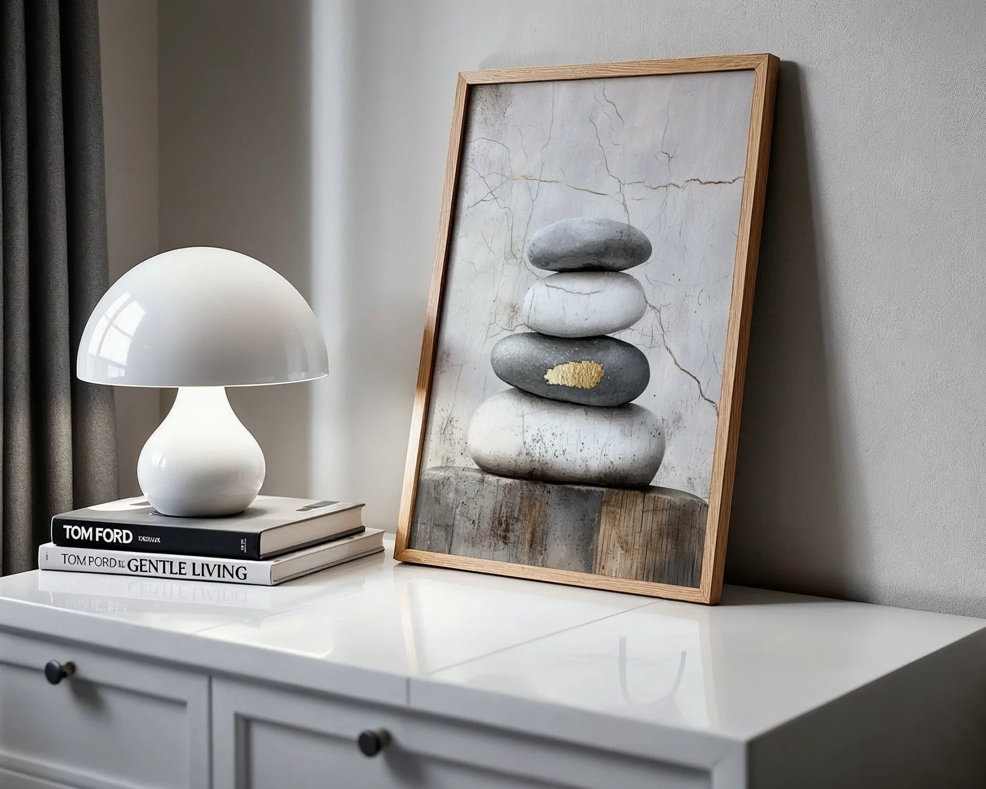Zen Stone Stack Art Gold Accent Japandi Canvas Wall Art — Tranquil artwork featuring stacked limestone pieces with golden details for serene interior design