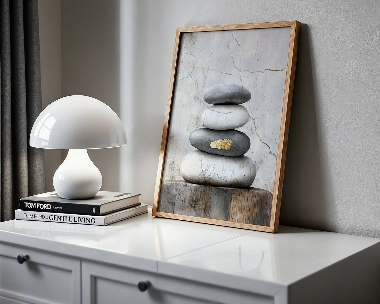 Zen Stone Stack Art Gold Accent Japandi in room