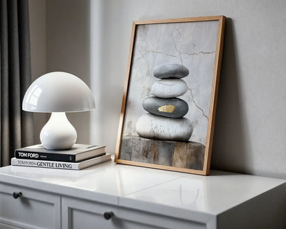 Zen Stone Stack Art Gold Accent Japandi in room