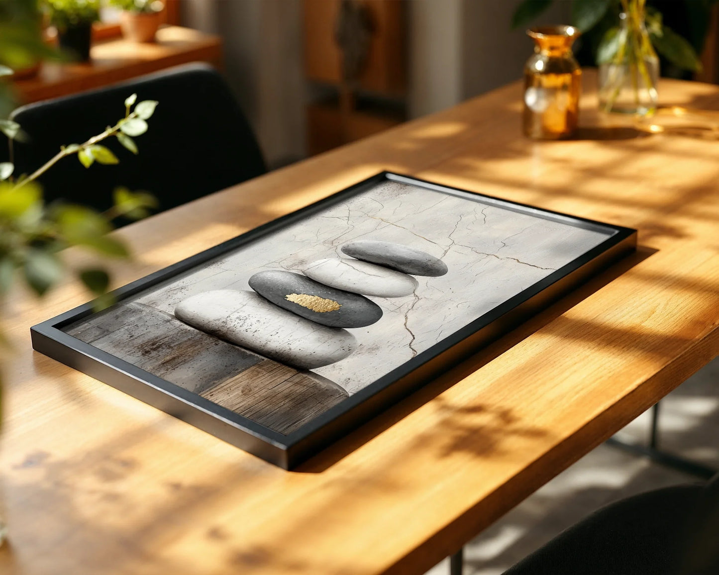 Zen Stone Stack Art Gold Accent Japandi in room