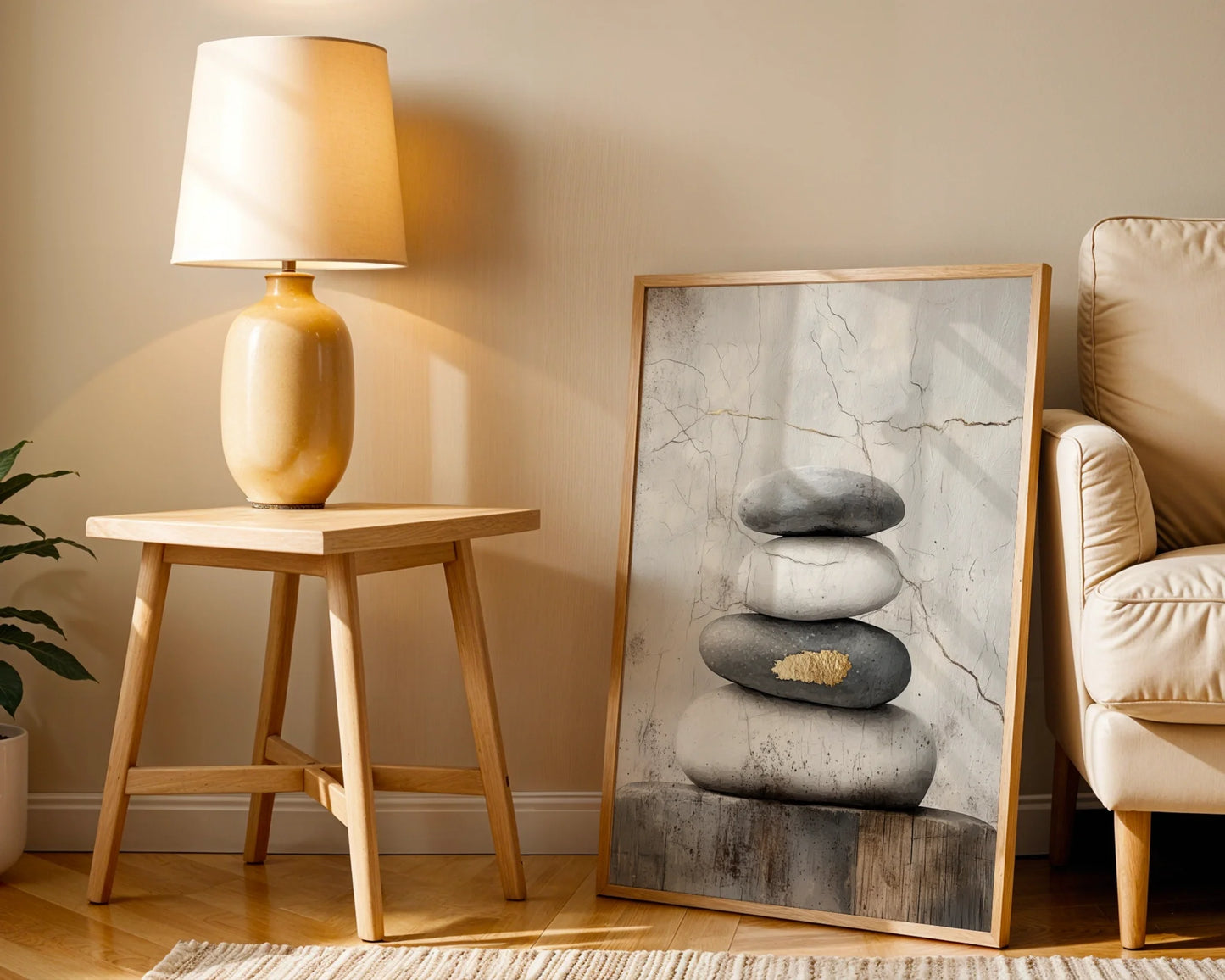 Zen Stone Stack Art Gold Accent Japandi Canvas Wall Art — Peaceful wall art depicting carefully arranged river stones for calm contemporary living spaces
