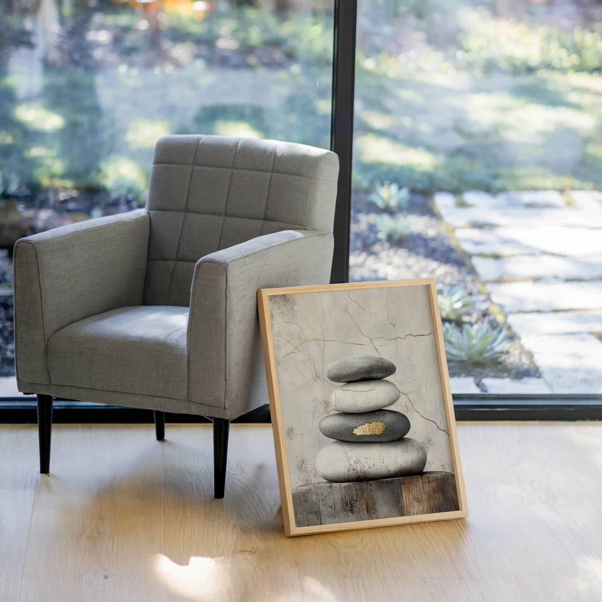Zen Stone Stack Art Gold Accent Japandi Canvas Wall Art — Oriental-inspired canvas featuring four smooth pebbles with metallic highlights for mindful decorating