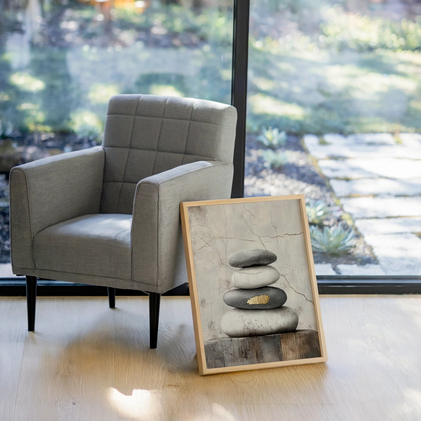 Zen Stone Stack Art Gold Accent Japandi in room